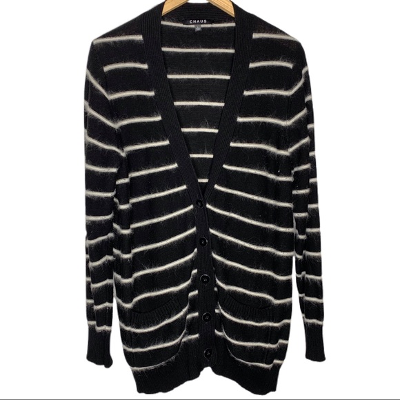 CHAUS Breton Stripe Angora Lambswool Black‎ White Cardigan Large - Picture 1 of 10
